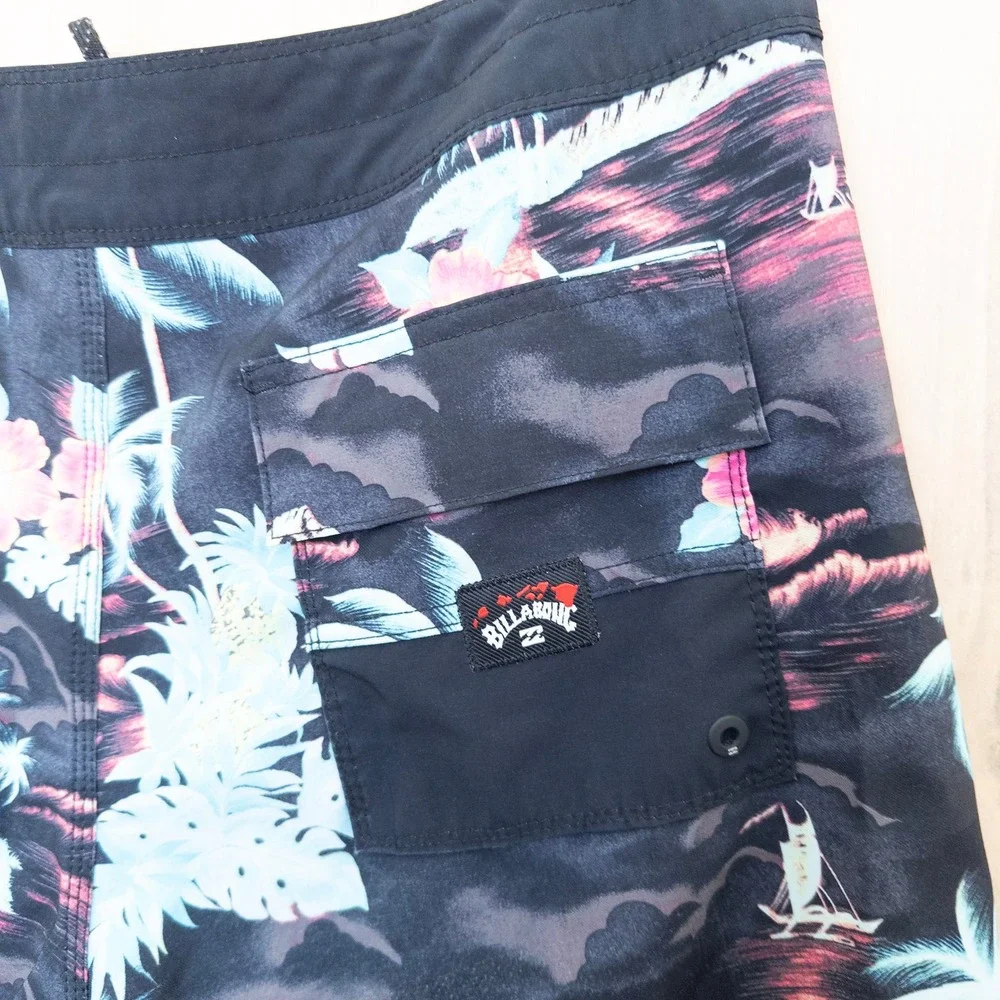 Billabong Mens Board Shorts 33 Black Tropical Floral Palm Tree Recycler Surf
